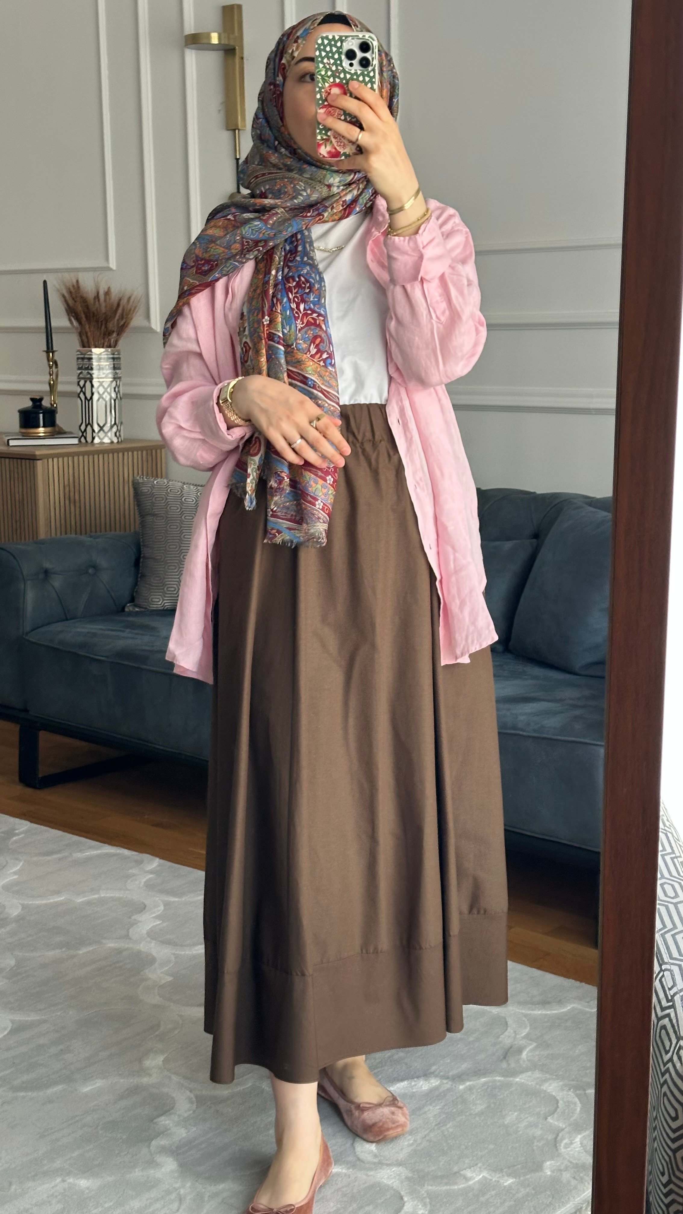 Parçalı Poplin Etek Kahve