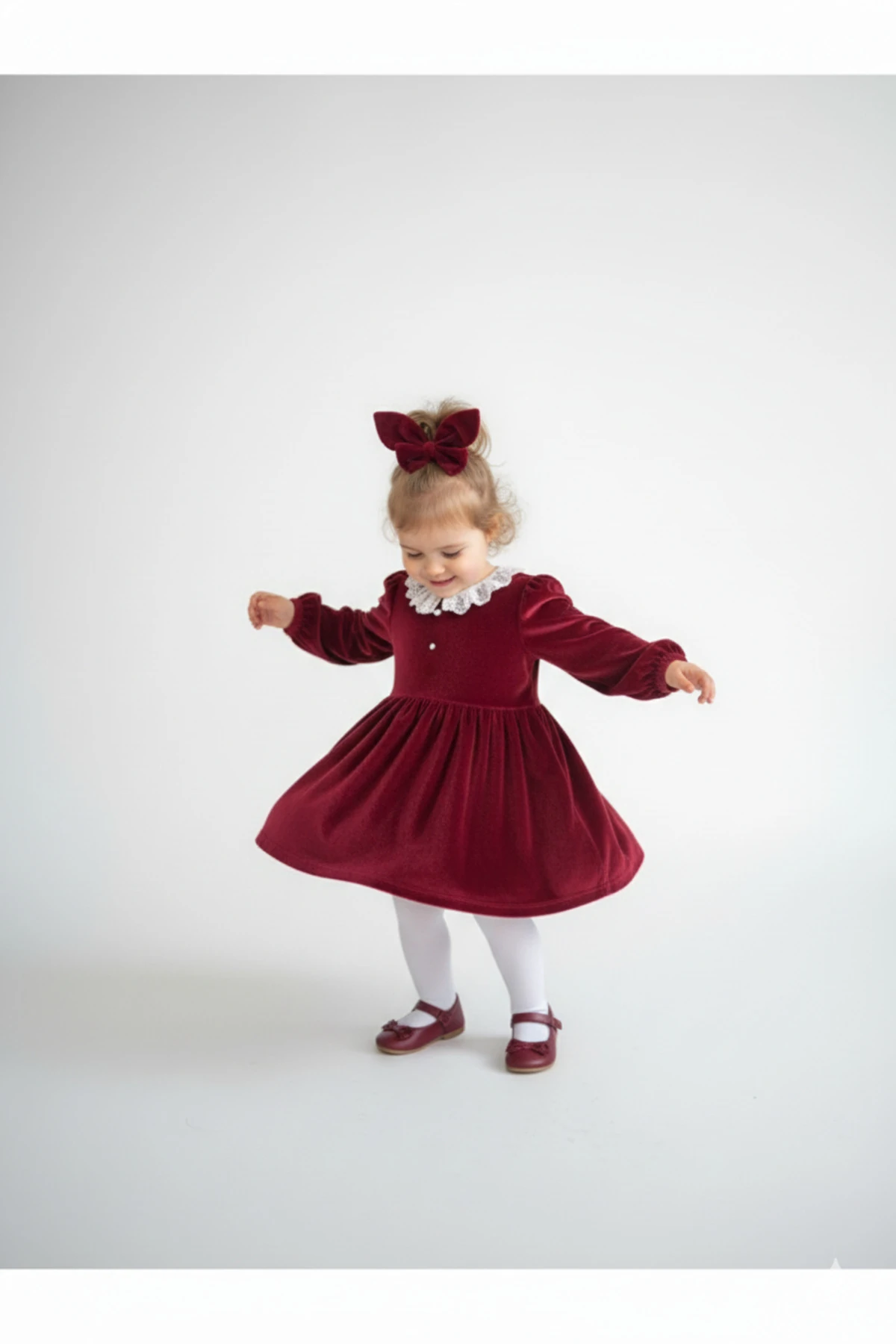 Kız Çocuk Bordo Kadife Beli Lastikli Kiloş Elbise & Toka Takımı