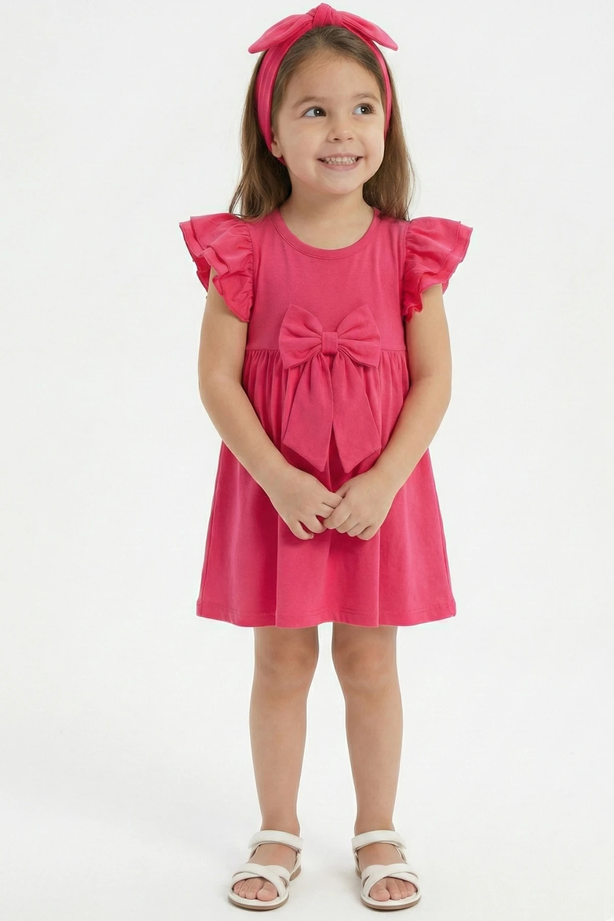 Kız Çocuk Fosforlu Pembe Elbise Takımı & Elbise & Bandana main variant image