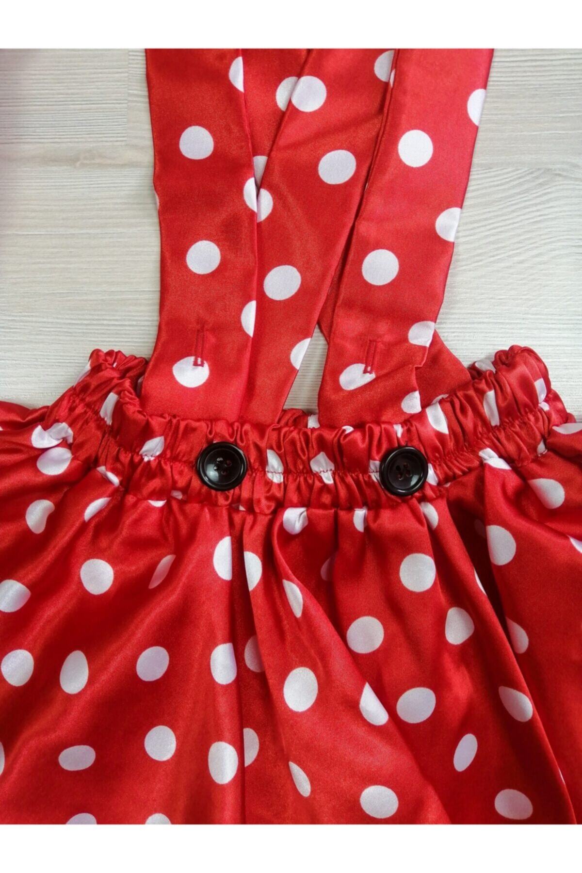 Kız Çocuk Kırmızı Beyaz Puantiyeli Kiloş Minnie Mouse Günlük Elbise & Taç Takımı