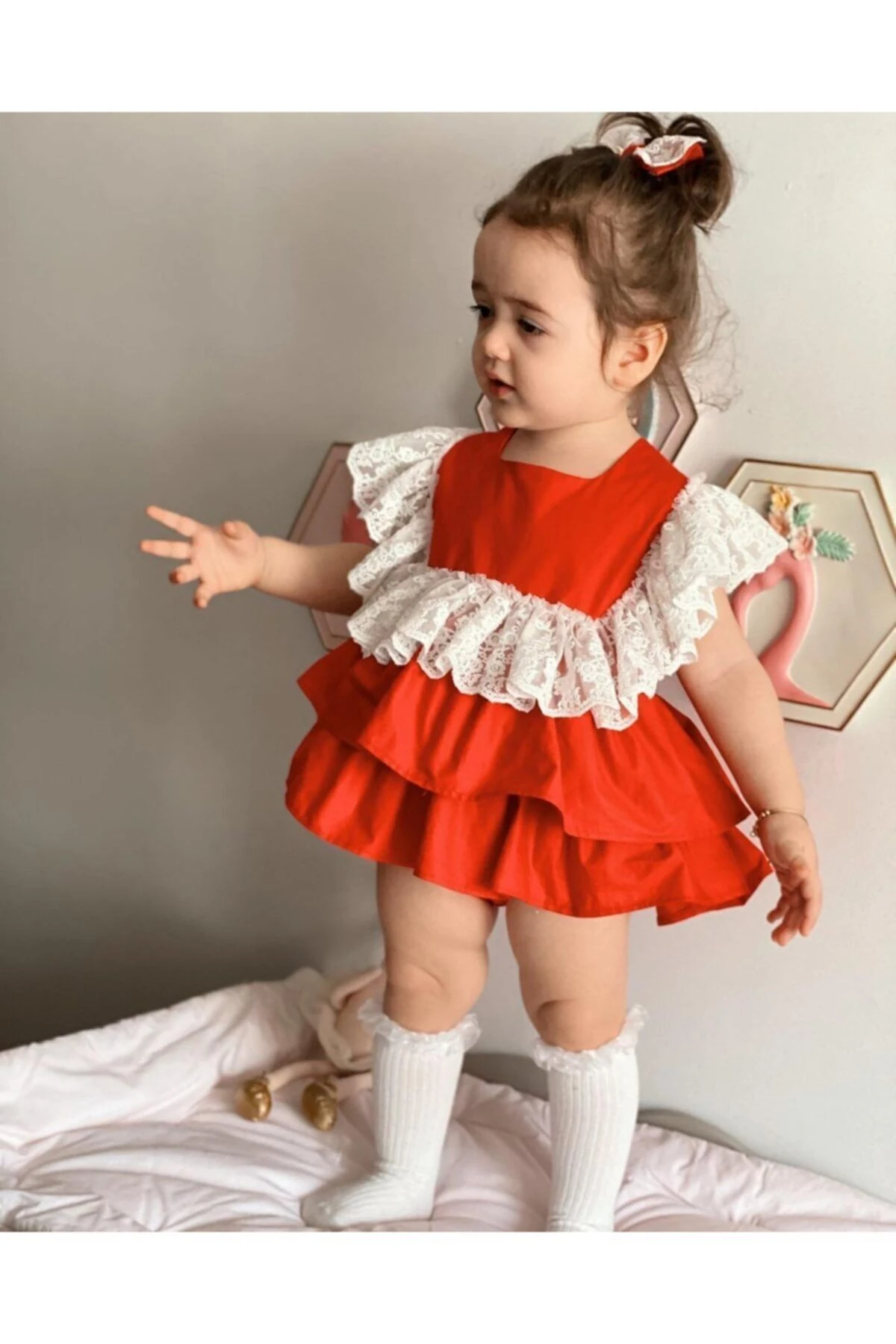 Kız Çocuk Kırmızı Dantelli Tulum main variant image