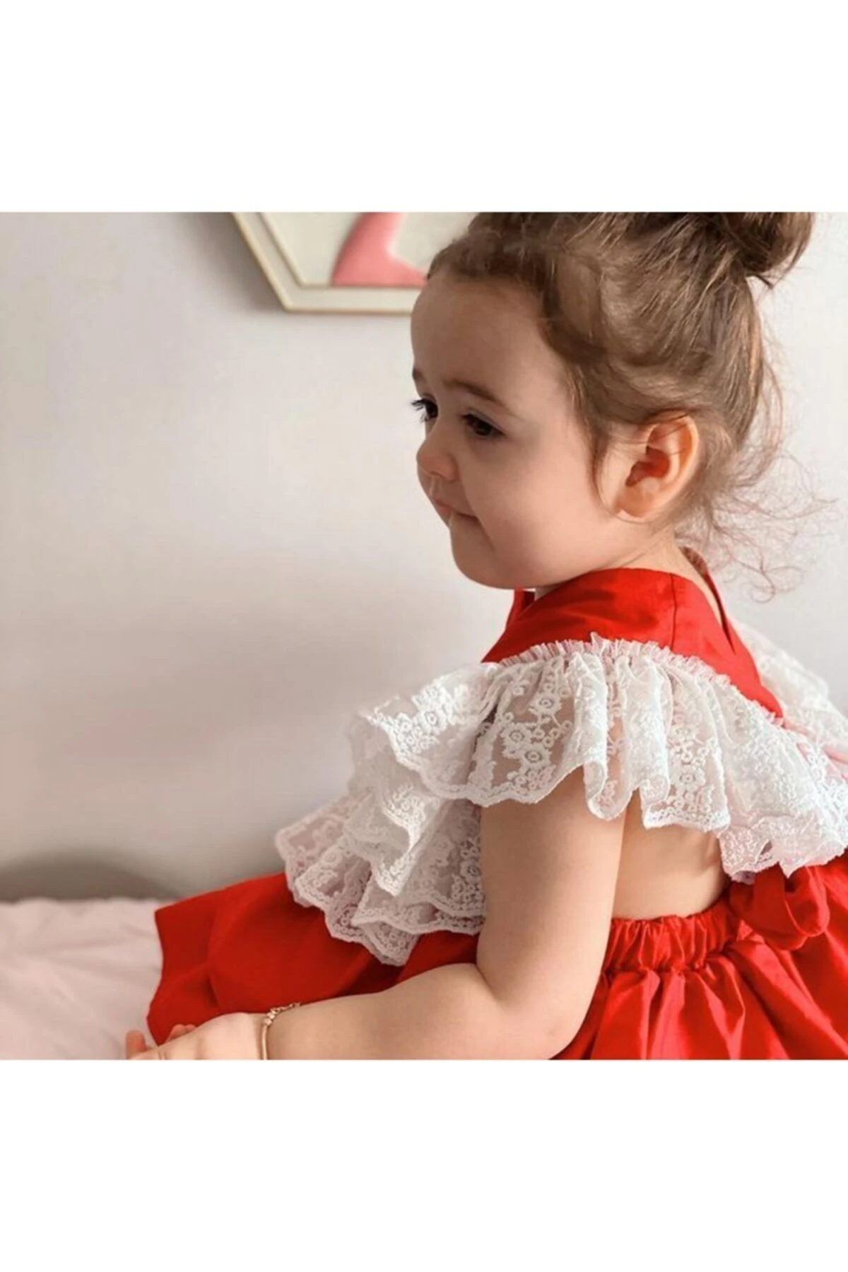 Kız Çocuk Kırmızı Dantelli Tulum