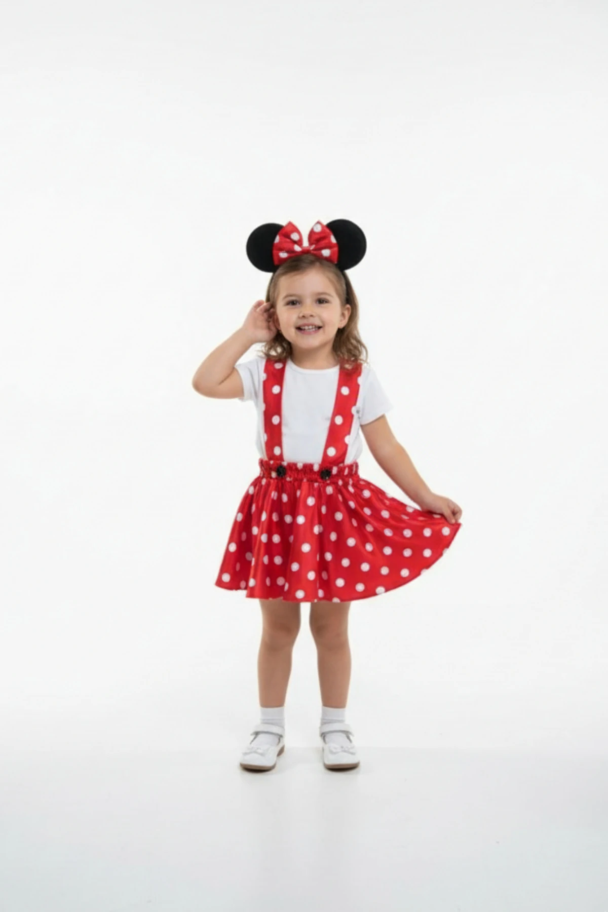 Kız Çocuk Kırmızı Beyaz Puantiyeli Kiloş Minnie Mouse Günlük Elbise & Taç Takımı main variant image