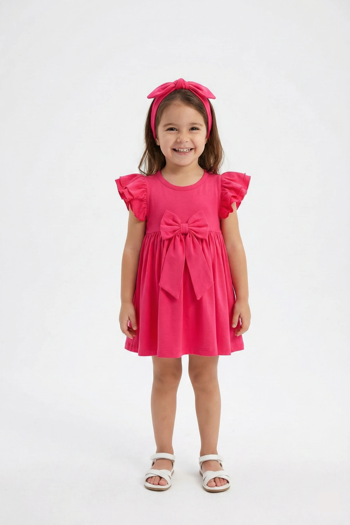 Kız Çocuk Fosforlu Pembe Elbise Takımı & Elbise & Bandana