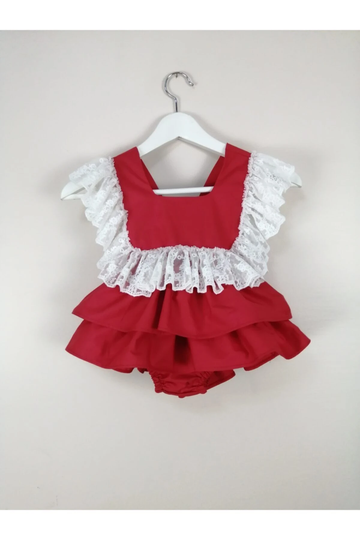 Kız Çocuk Kırmızı Dantelli Tulum