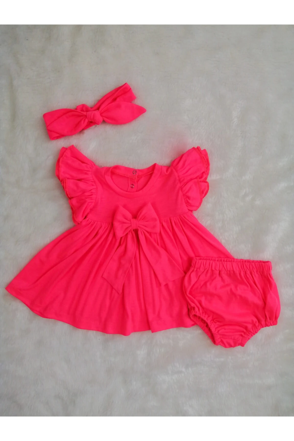 Kız Çocuk Fosforlu Pembe Elbise Takımı & Elbise & Kilot & Bandana main variant image