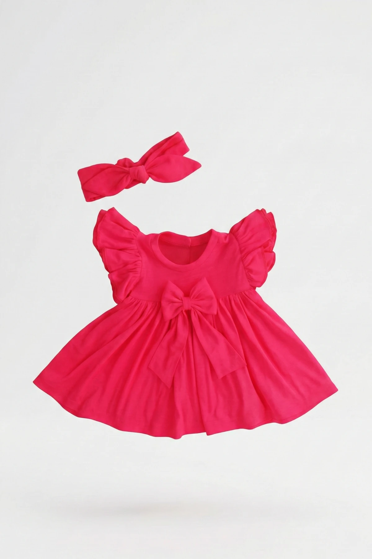 Kız Çocuk Fosforlu Pembe Elbise Takımı & Elbise & Bandana