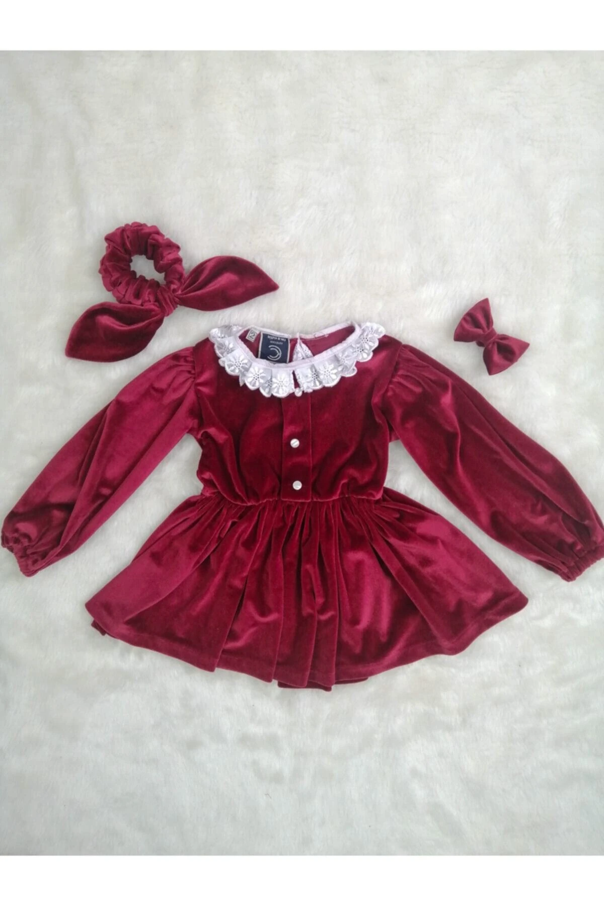Kız Çocuk Bordo Kadife Beli Lastikli Kiloş Elbise & Toka Takımı