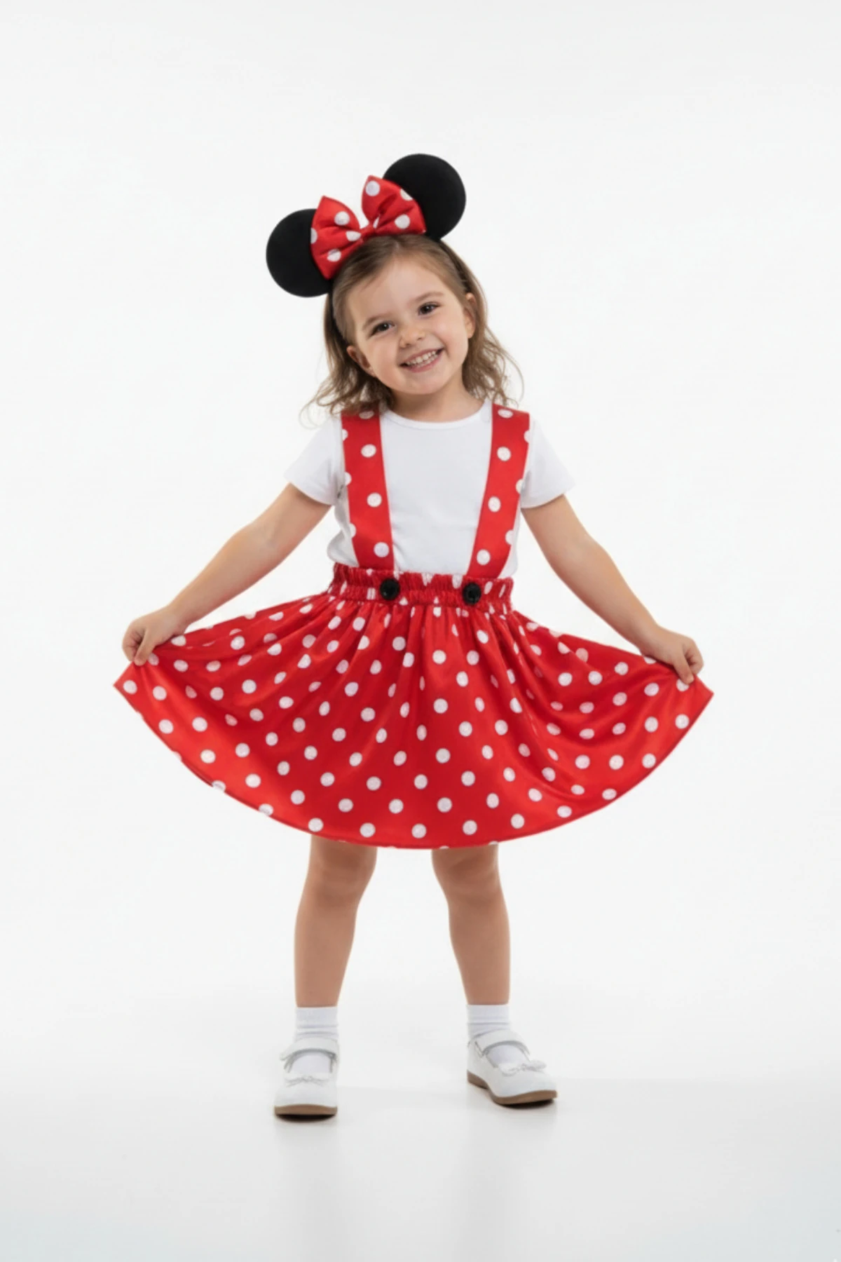 Kız Çocuk Kırmızı Beyaz Puantiyeli Kiloş Minnie Mouse Günlük Elbise & Taç Takımı