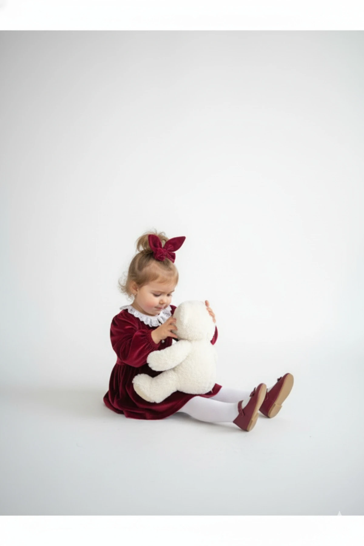 Kız Çocuk Bordo Kadife Beli Lastikli Kiloş Elbise & Toka Takımı