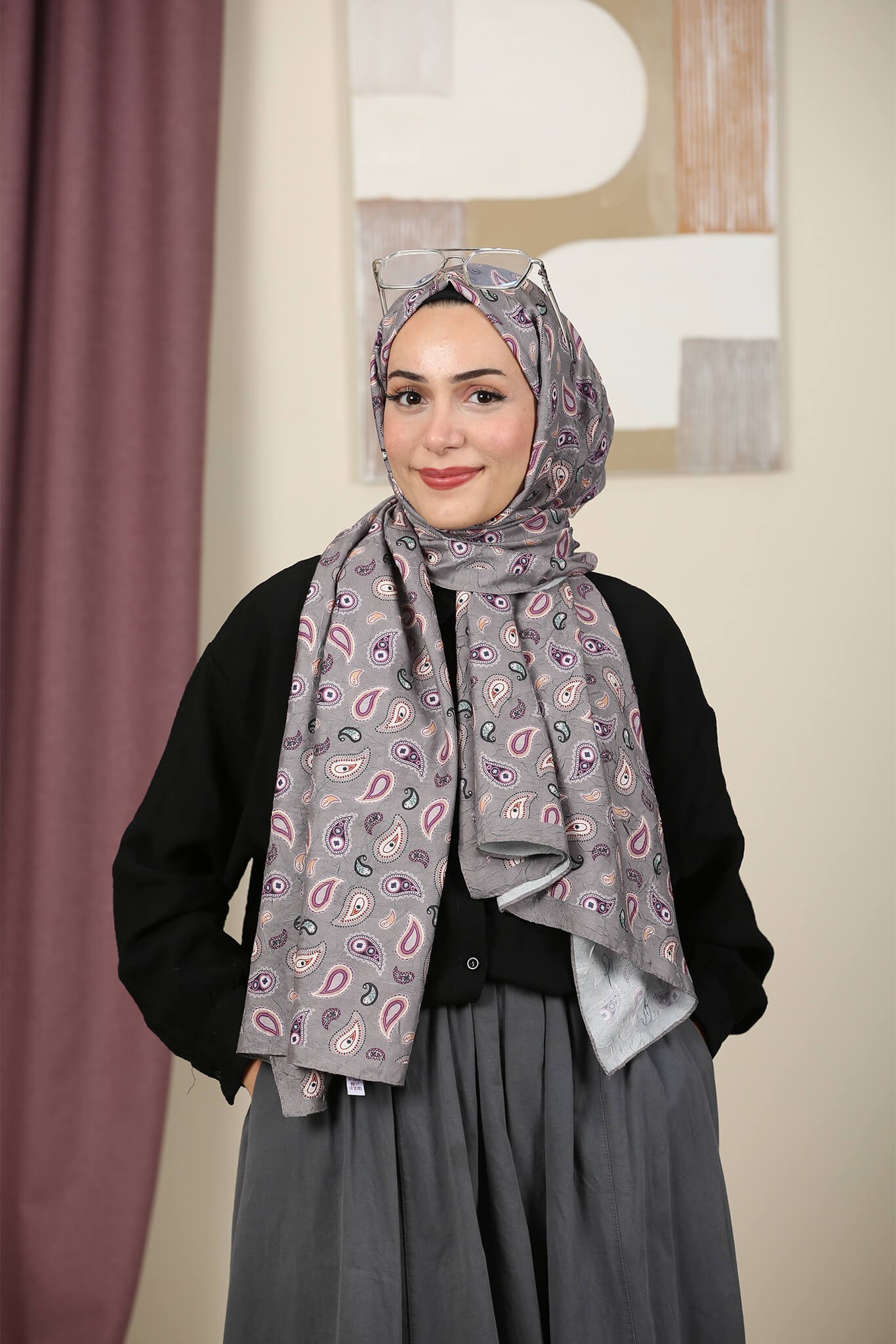 Desenli Bambu Şal - Koyu Gri