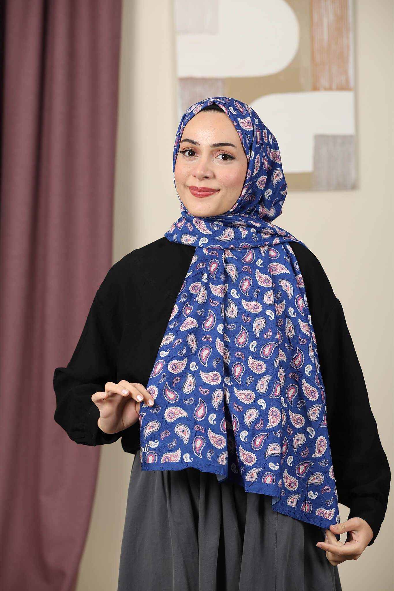 Desenli Bambu Şal - Saks Mavisi