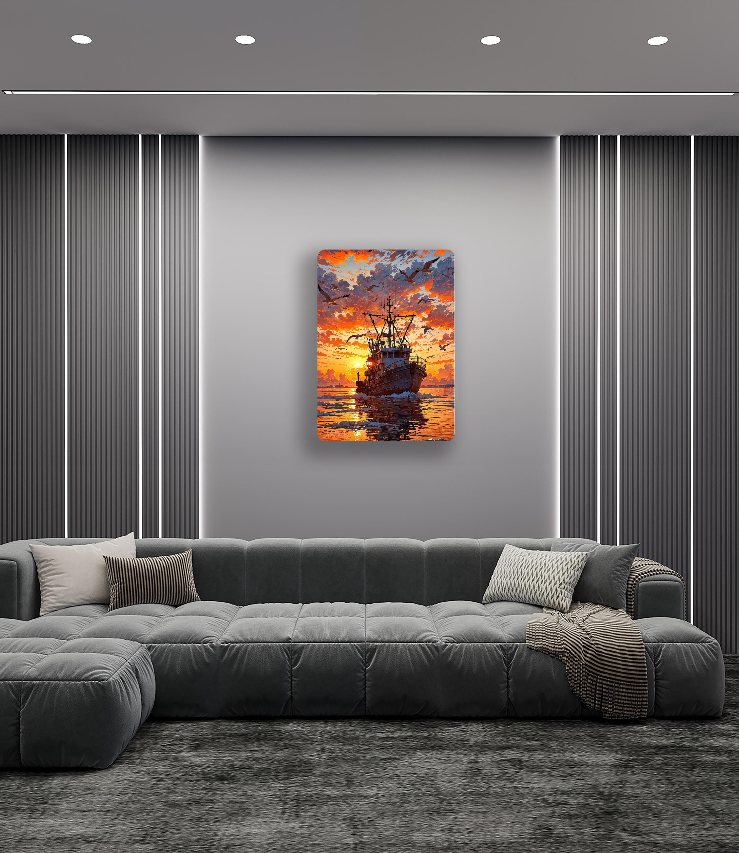 Günbatımı ve Gemi İllüstrasyon Metal Poster