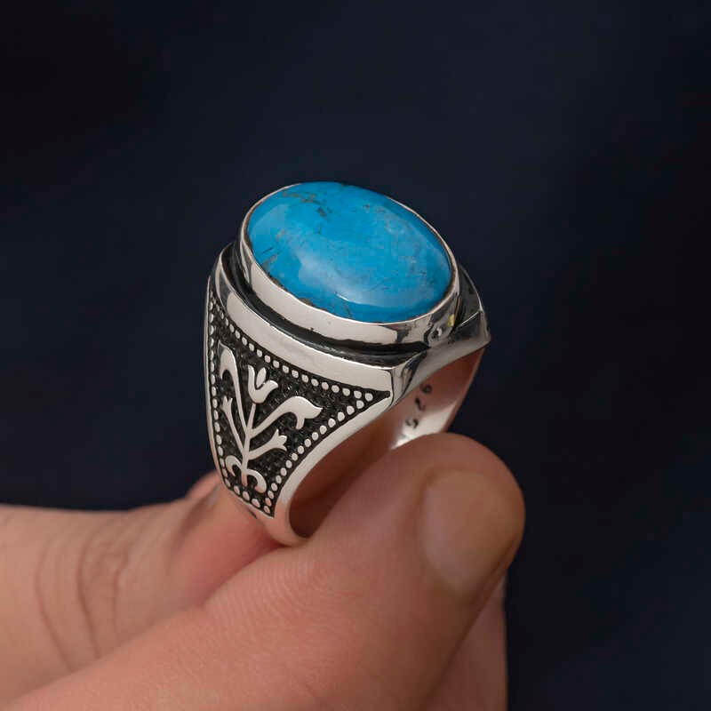 Gümüş Zirkon Turkuaz Taşlı Oval Erkek Yüzük