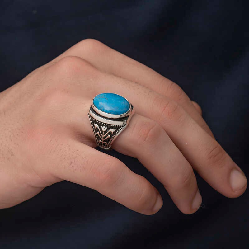 Gümüş Zirkon Turkuaz Taşlı Oval Erkek Yüzük