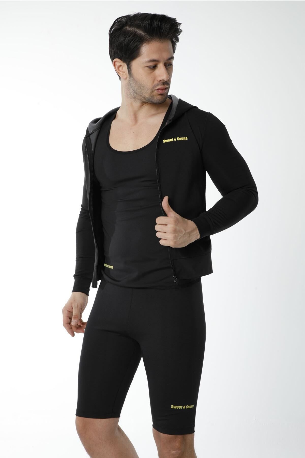 Sauna Termal Erkek Fermuarlı Üst Ve Atlet Ve Şort 3lü Egzersiz Ve Spor Takım