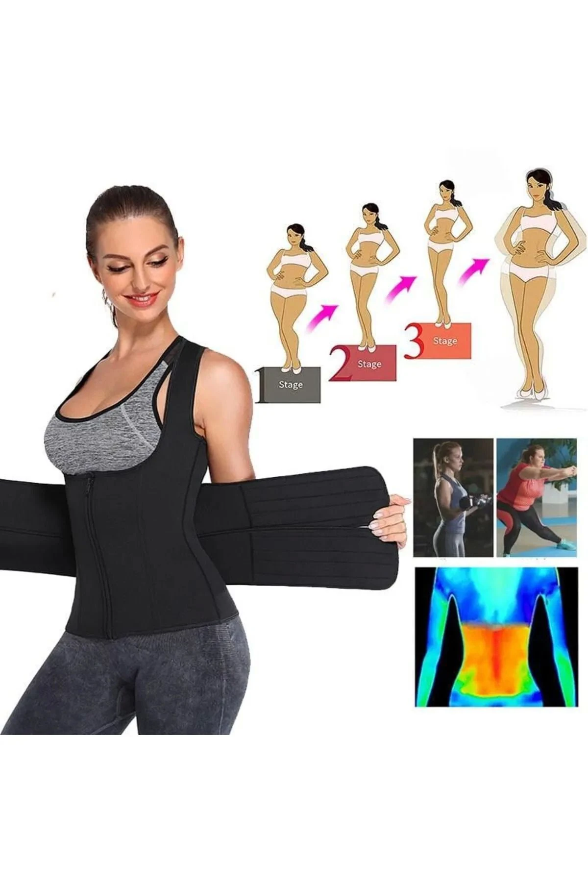 Ayarlanabilir Kemerli Termal Neopren Kumaş Vücut Şekillendirici Inceltici Kadın Spor Yeleği