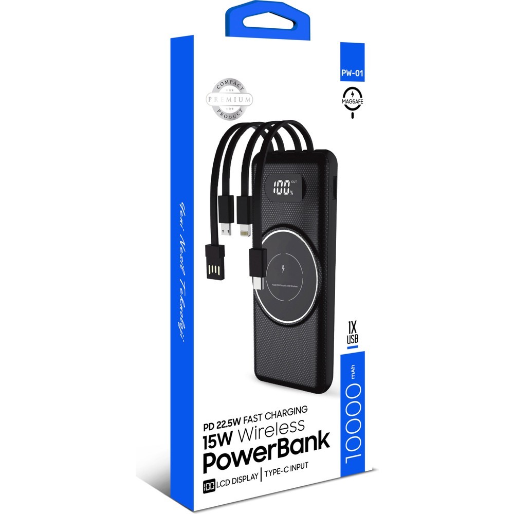 PW01 10000 Mah 22,5W Kablosuz Powerbank Dahili Kablolu