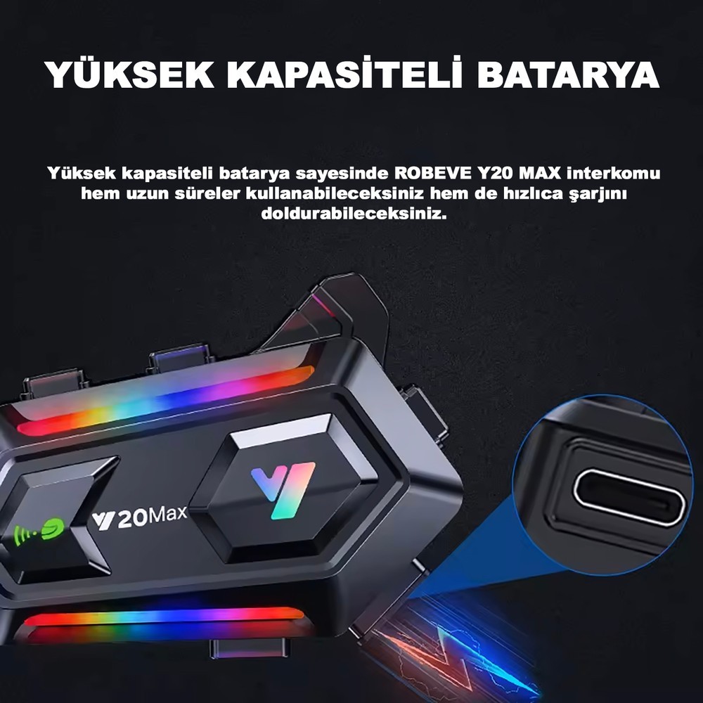 Ikili Interkom Bağlantılı Y20 Max Motorsiklet Intercom Su Geçirmez Kask Intercom Rgb Intercom Bluetooth 5.3 Interkom Ikili Interkom Bağlantılı Intercom