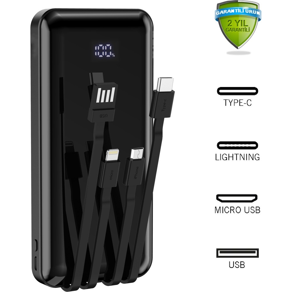  10000 Mah Dijital Göstergeli Dahili Kablolu Powerbank 10000 Mah Powerbank Lightning - Type C - USB - Micro USB Dahili Kablolu Powerbank 