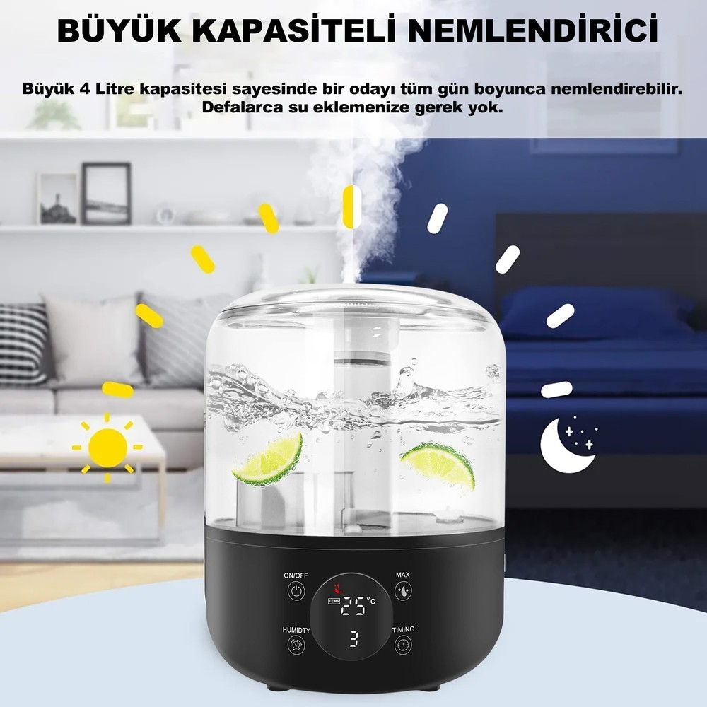 ROBEVE J001 Touch 4 Litre Ultrasonik Hava Nemlendirici Buhar Makinesi Dijital Hava Nemlendirme Cihazı Nem Ölçer Termometre Hava Nemlendirme Makinesi ve Aroma Difüzörü Nem Ölçerli