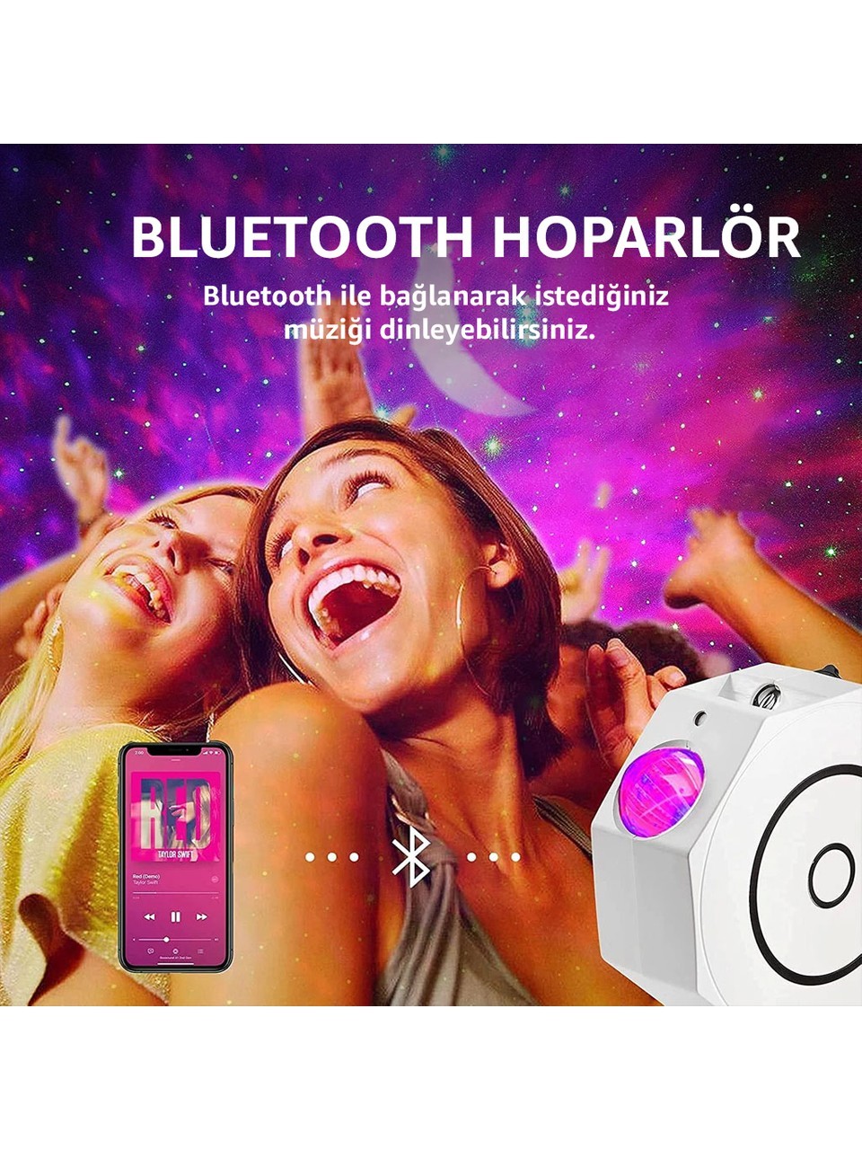 Altıgen Projektör Lamba – Galaxy Gece Lambası, Bluetooth Hoparlörlü, Renkli Yıldız Gökyüzü Projeksiyonu ile Geceyi Aydınlatın - Nebula Yıldız Gece Lambası Çocuk Gece Lambası
