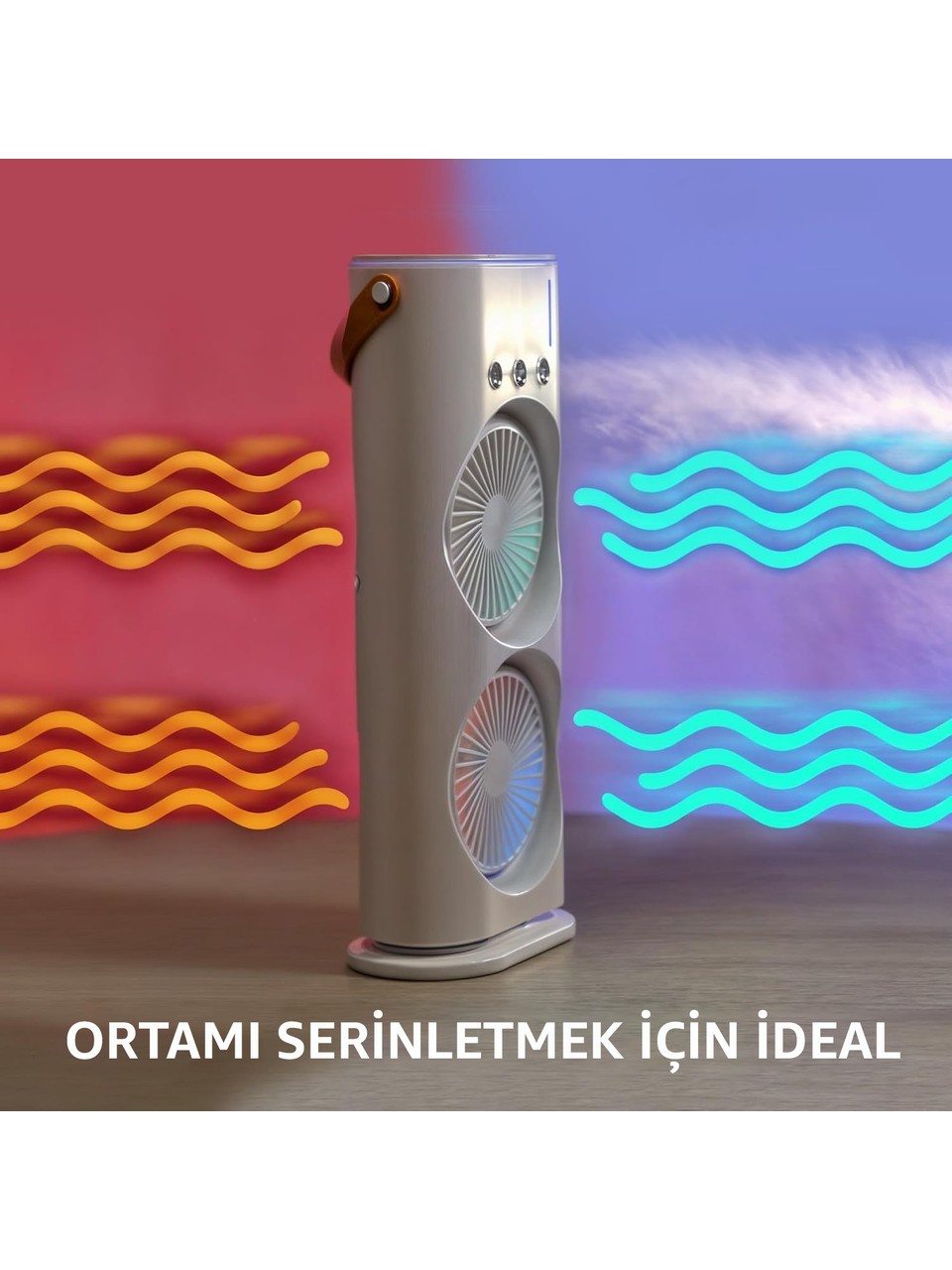 2 Fanlı Vantilatör Buharlı Fan -Şarjlı, Kompakt,ayarlanabilir , Kumandalı , Soğutucu Fan ,buharlı Nemlendirici, Eşsiz Tasarım, Hız Seçenekleri , LED Aydınlatma, Gece Lambası