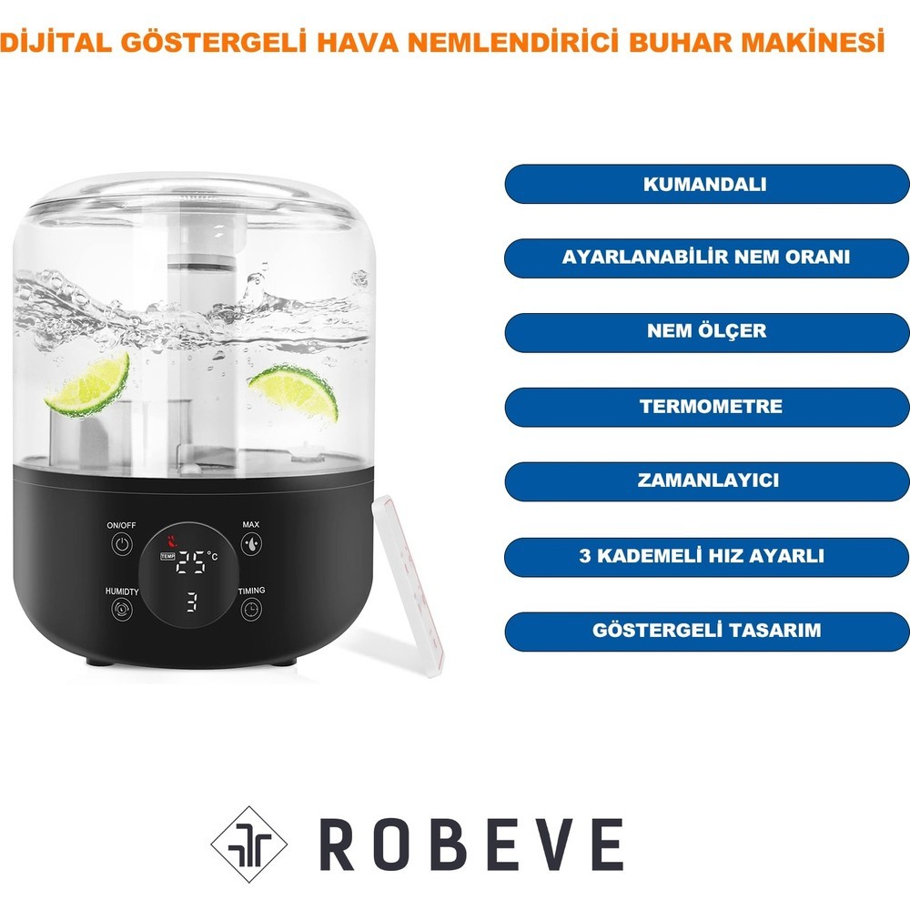 ROBEVE J001 Touch 4 Litre Ultrasonik Hava Nemlendirici Buhar Makinesi Dijital Hava Nemlendirme Cihazı Nem Ölçer Termometre Hava Nemlendirme Makinesi ve Aroma Difüzörü Nem Ölçerli