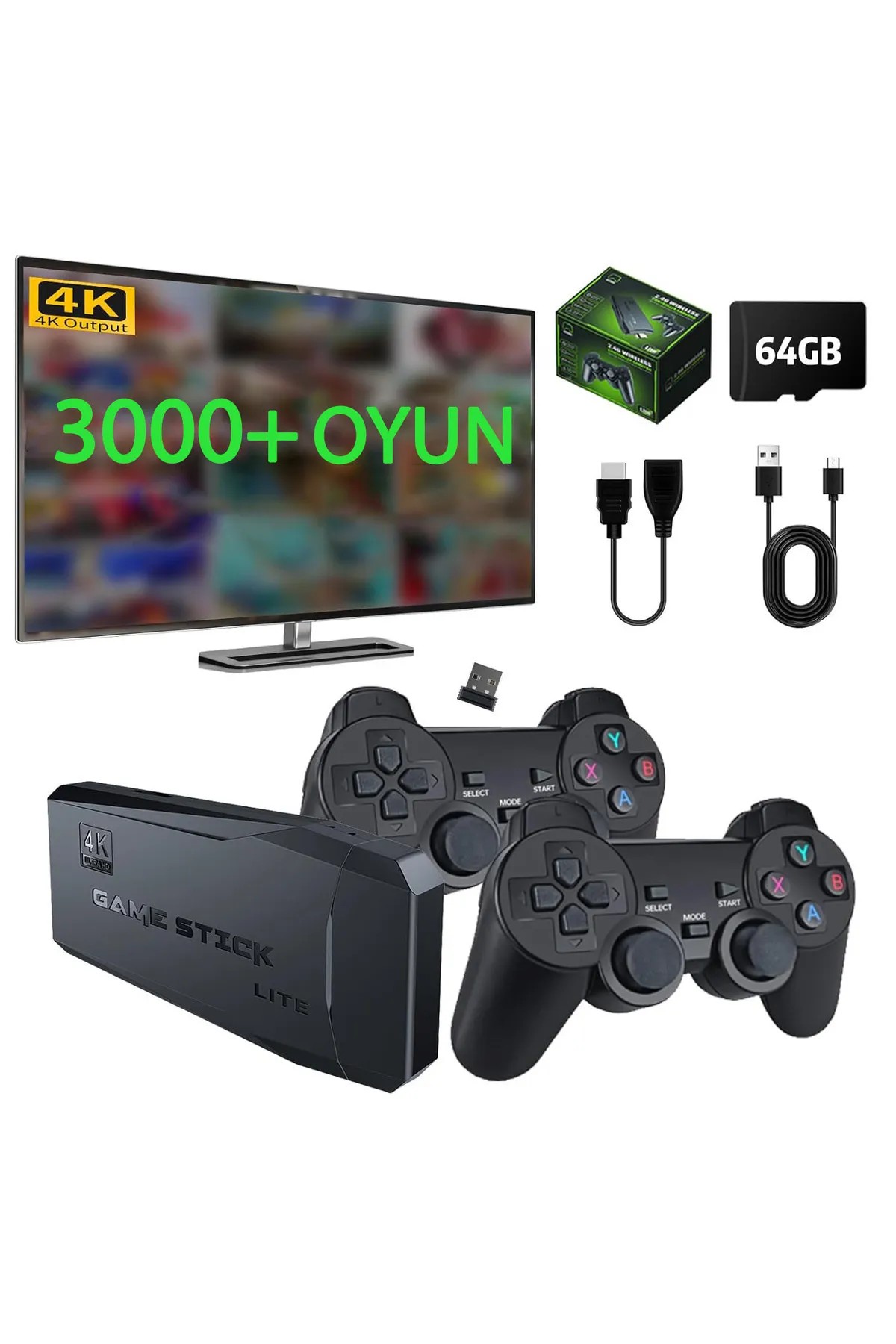 Kablosuz Çift Kol Oyun Konsolu 3000+ Oyun 4K Full HD TV Oyun Konsolu Game Stick Konsol