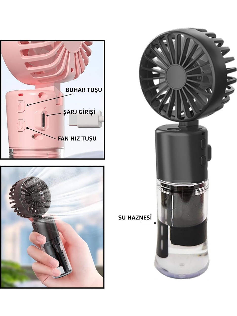Elle Tutulabilir Taşınabilir Buharlı Vantilatör Fan Mini Fan – 4 Hız Ayarı, Şarjlı, Misting Özelliği, Kompakt ve Hafif Tasarım, Seyahat ve Ofis Kullanımı Için Ideal Buharlı Vantilatör Fan