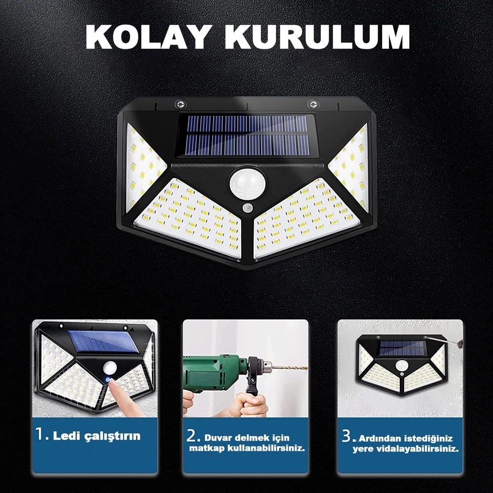 Geniş Açılı Solar LED 100 LED 3 Modlu Harekete Duyarlı Güneş Enerjili Solar LED Suya Dayanıklı Solar Bahçe LED Aydınlatma LED Işık Hareket Sensörlü Yüksek Işık Aydınlatma