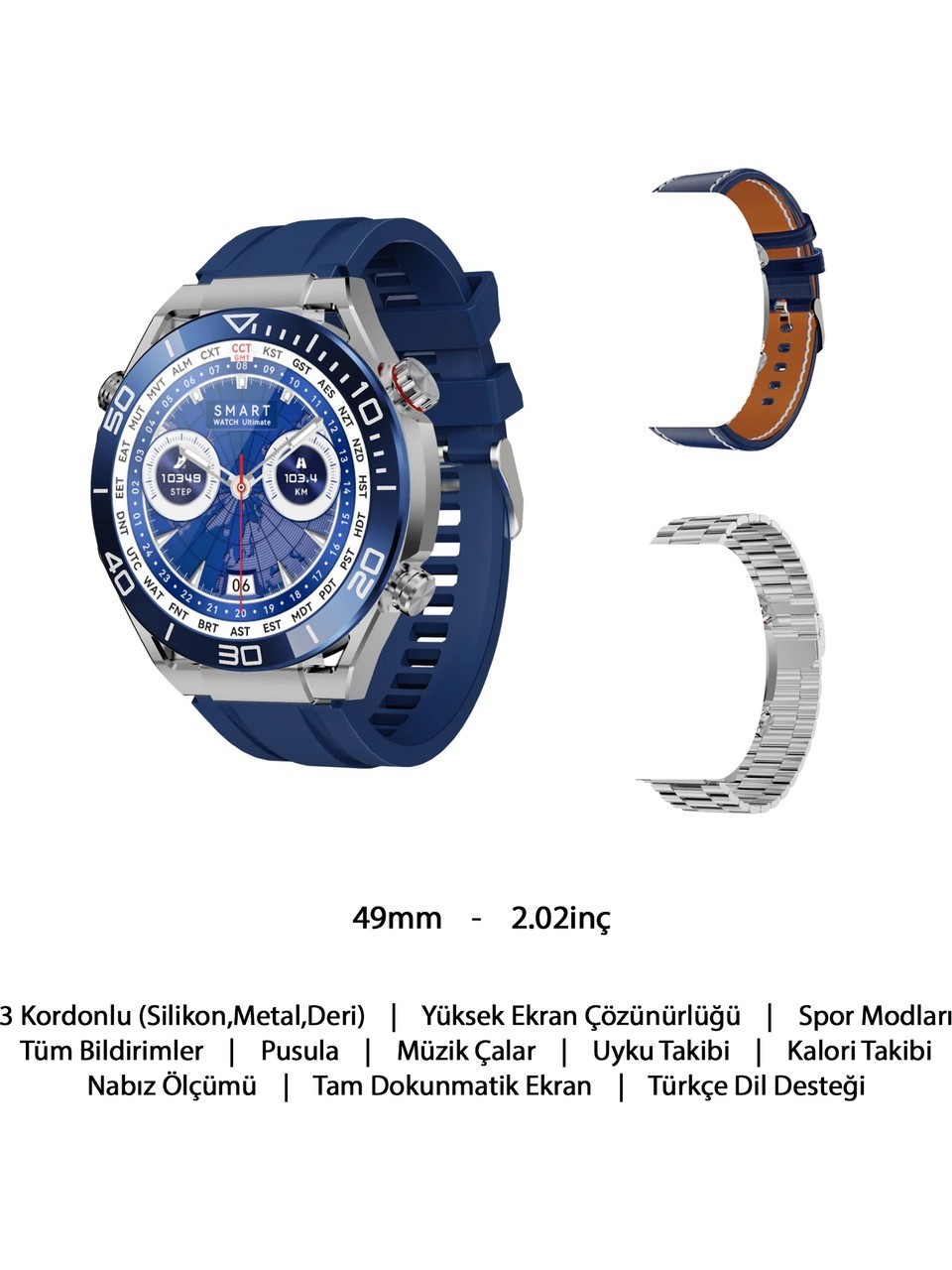 G3 Watch Ultimate Akıllı Saat Tüm Telefonlarla Uyumlu Akıllı Saat 49mm 2.02inç Akıllı Saat 3 Kordonlu Akıllı Saat Kalp Ritmi Adımsayar Akıllı Saat Metal Deri Silikon Kordonlu Akıllı Saat