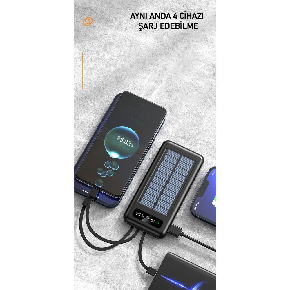 10000 Mah Powerbank Göstergeli Powerbank Solar Fenerli Güneş Enerjili Type C - Lightning - Micro USB - USB Kablolu Powerbank Taşınabilir Şarj Aleti Hızlı Şarj Aleti Powerbank Pw-59