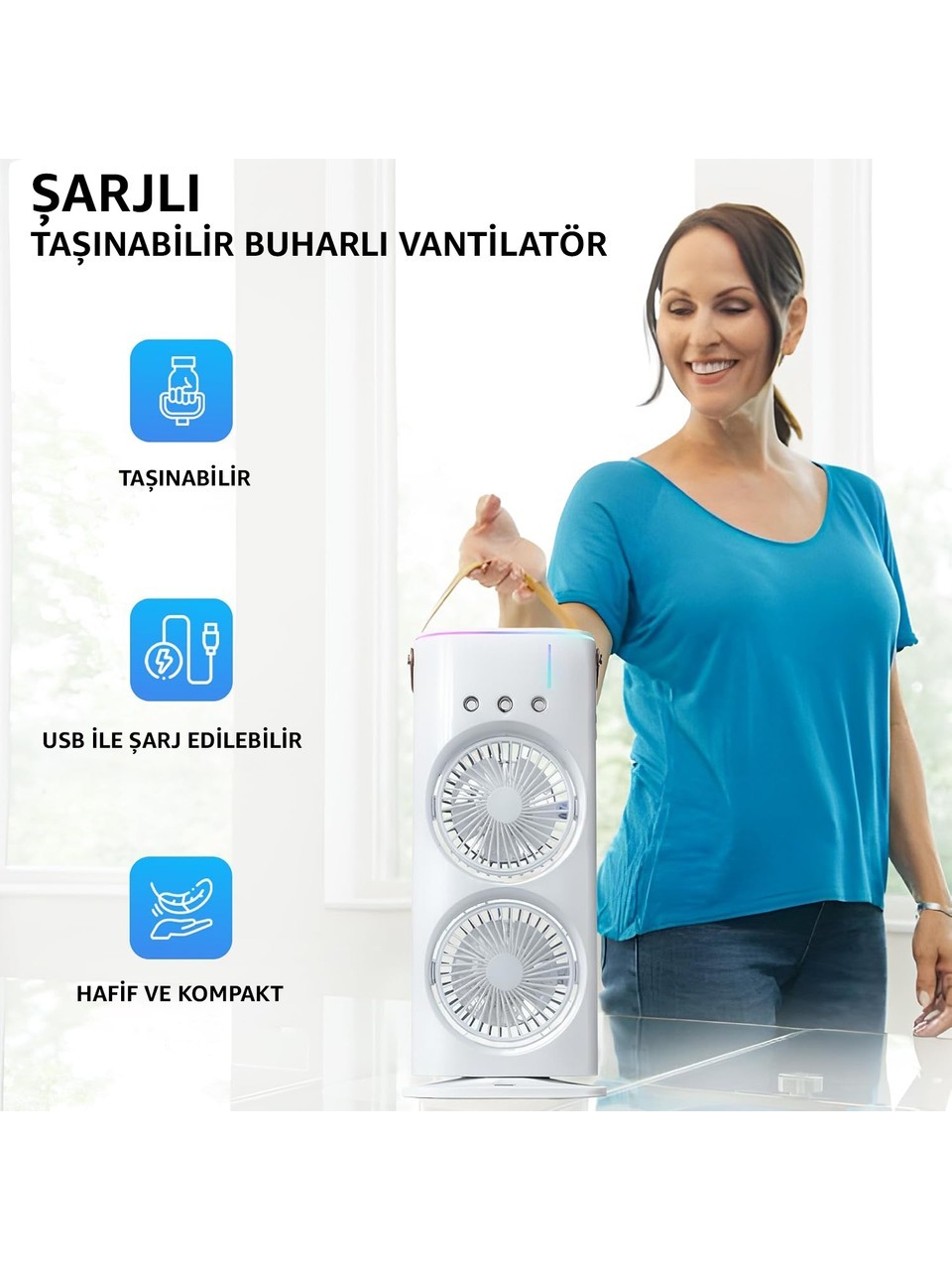 2 Fanlı Vantilatör Buharlı Fan -Şarjlı, Kompakt,ayarlanabilir , Kumandalı , Soğutucu Fan ,buharlı Nemlendirici, Eşsiz Tasarım, Hız Seçenekleri , LED Aydınlatma, Gece Lambası