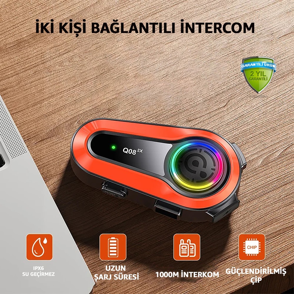 Q08-2X Iki Kişi Bağlantılı Motorsiklet Kask Intercom Rgb Işıklı Uzun Şarj Süresi Su Geçirmez Intercom Çift Bağlantılı Intercom