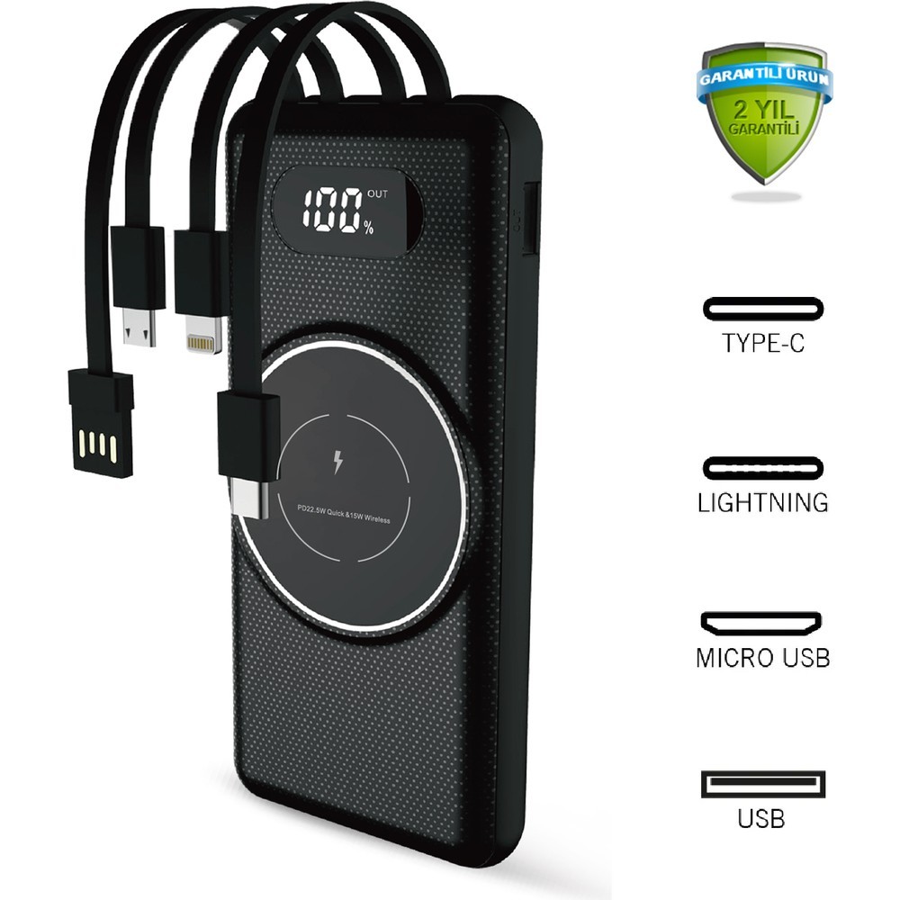 PW01 10000 Mah 22,5W Kablosuz Powerbank Dahili Kablolu