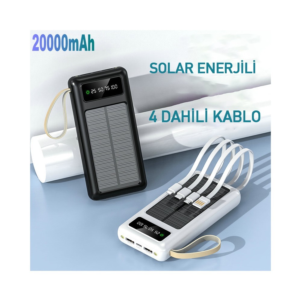 20000 Mah Powerbank Göstergeli Powerbank Solar Fenerli Güneş Enerjili Type C - Lightning - Micro USB - USB Kablolu Powerbank Taşınabilir Şarj Aleti Hızlı Şarj Aleti Powerbank Pw-60