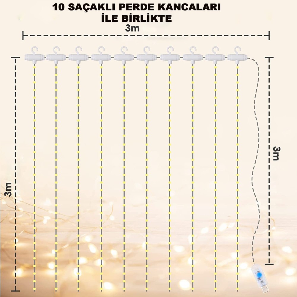 3x3 Metre Peri LED Kumandalı Perde Asma Kancalı Peri LED Yılbaşı LED Gün Işığı LED Işık 8 Modlu Parti Işığı Dekoratif Işık LED Saçak LED Işık Perde LED Yılbaşı Dekorasyon