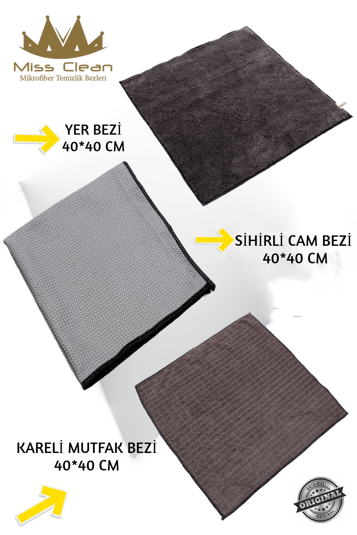 ( 3 Adet ) Temizlik Başlangıç Seti Cam Bezi , Mutfak Bezi , Yer Temizlik Bezi 40 *40 Cm