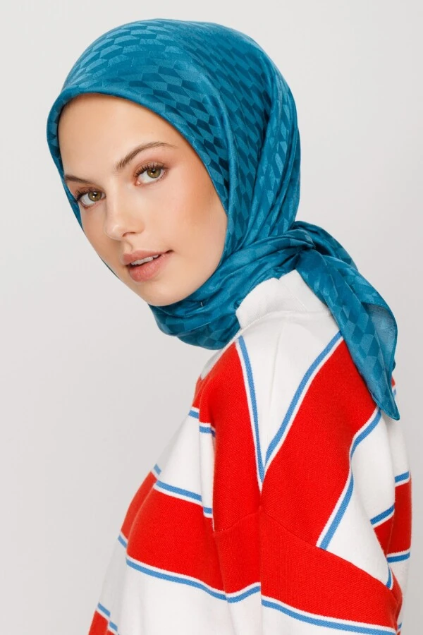 PETROL MAVİ QOZA DESEN İPEKSİ JAKAR EŞARP