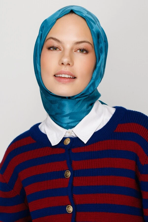 PETROL MAVİ KAZAYAĞI DESEN İPEKSİ JAKAR  ŞAL