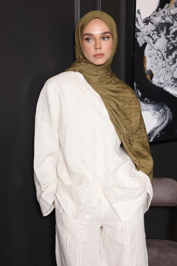 Toprak Yeşili Monogram Desen Şal