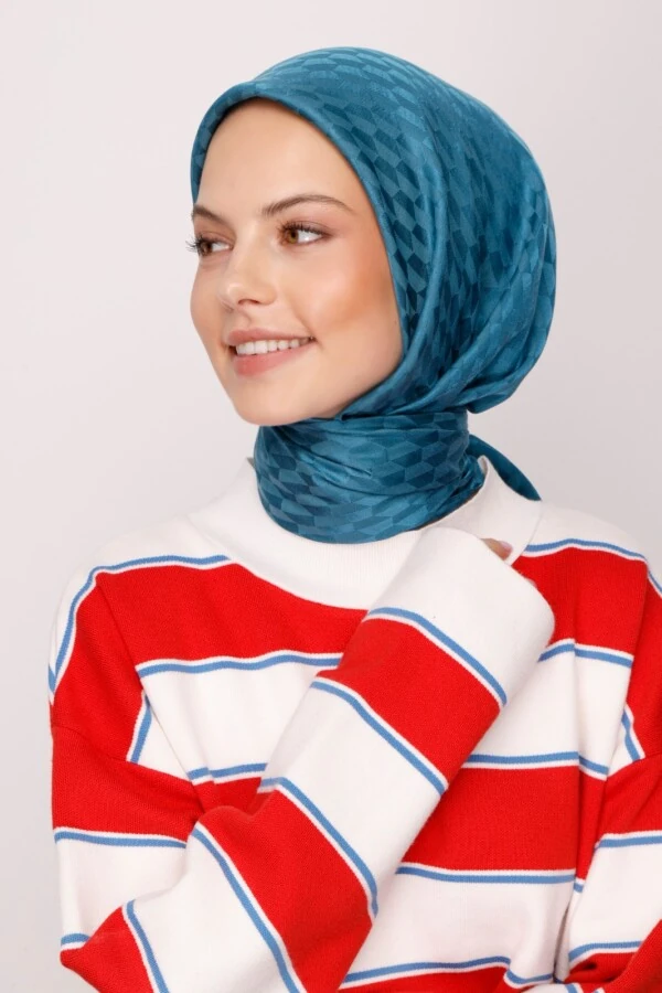 PETROL MAVİ QOZA DESEN İPEKSİ JAKAR EŞARP