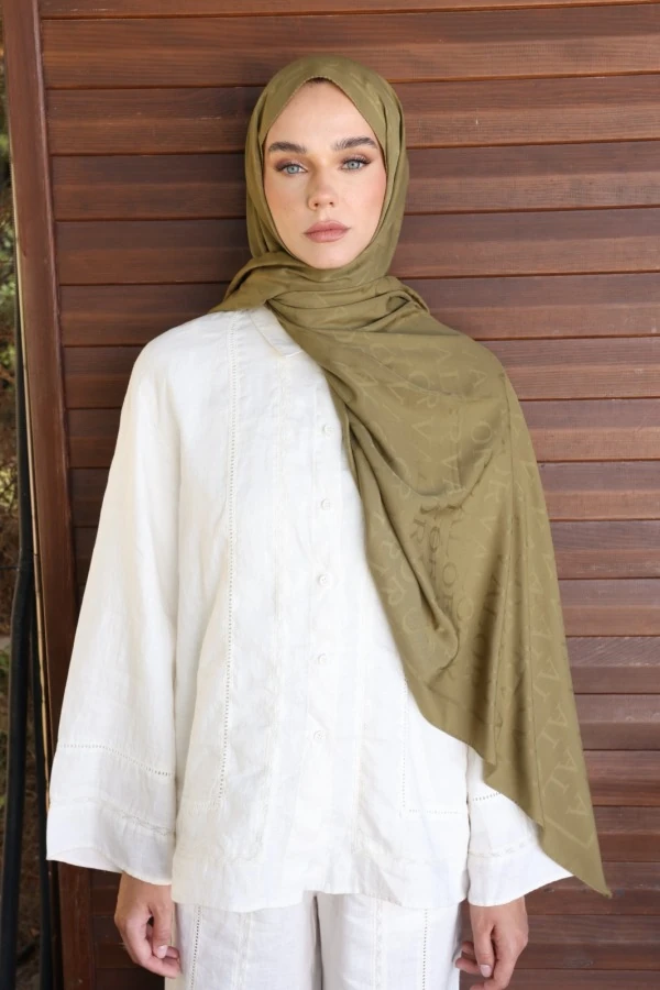 Toprak Yeşili Monogram Desen Şal