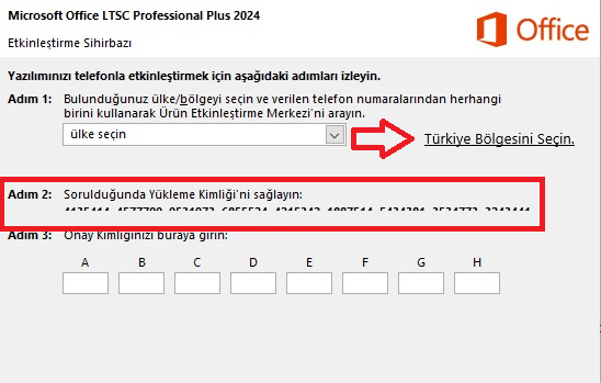Microsoft Office 2024 onay kimliği giriş ekranı, A'dan H'ye kutucuklarla etkinleştirme adımı gösteriliyor.