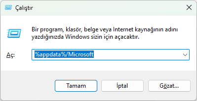Office 2024 kurulum öncesi çalıştır penceresine %appdata%/Microsoft yazılması