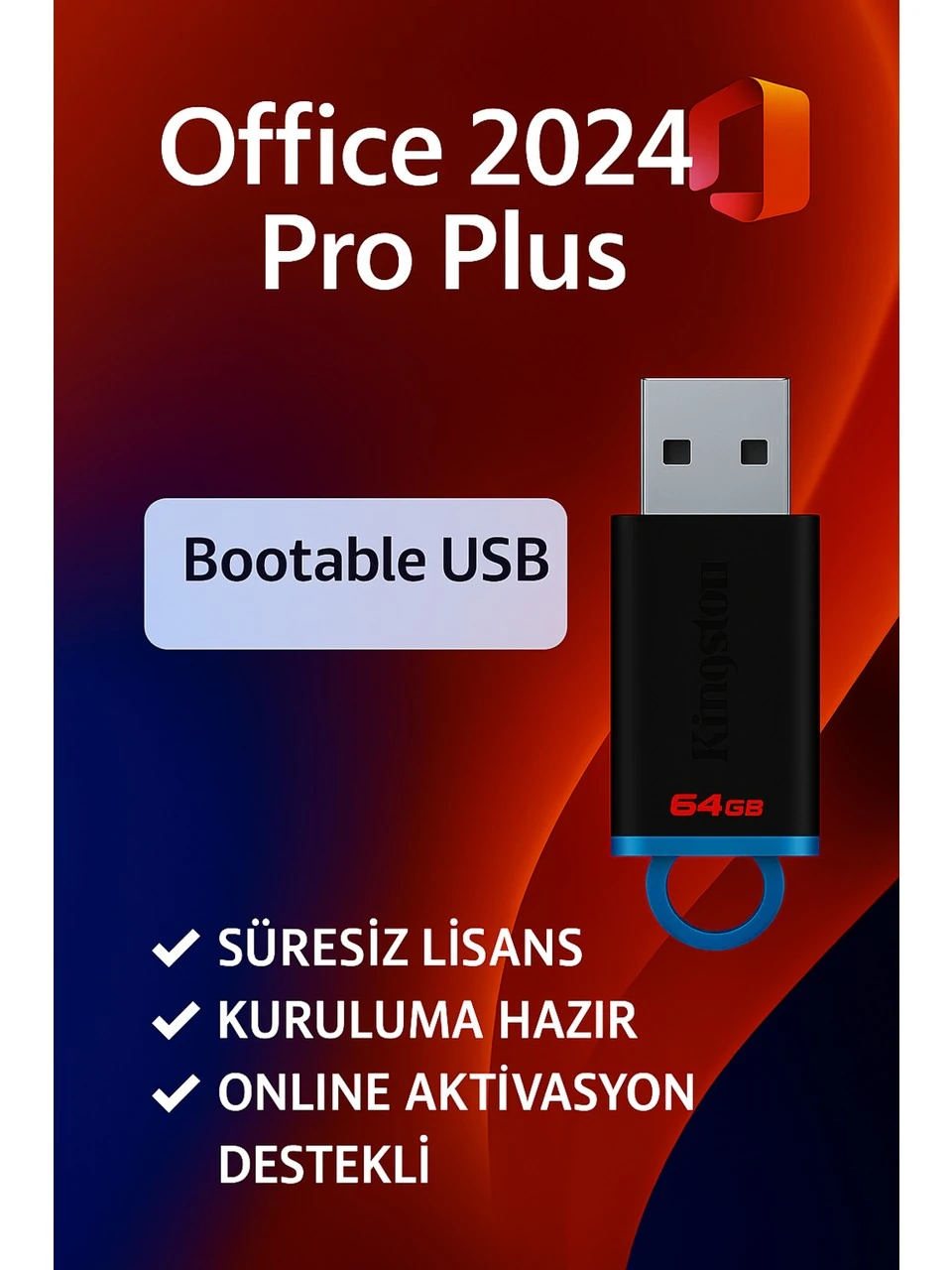 Office 2024 Pro Plus Lisans Anahtarı + 64 GB Bootable Flash Bellek – Sınırsız Lisans ve Kolay Kurulum - 2025 USB ve Ürün