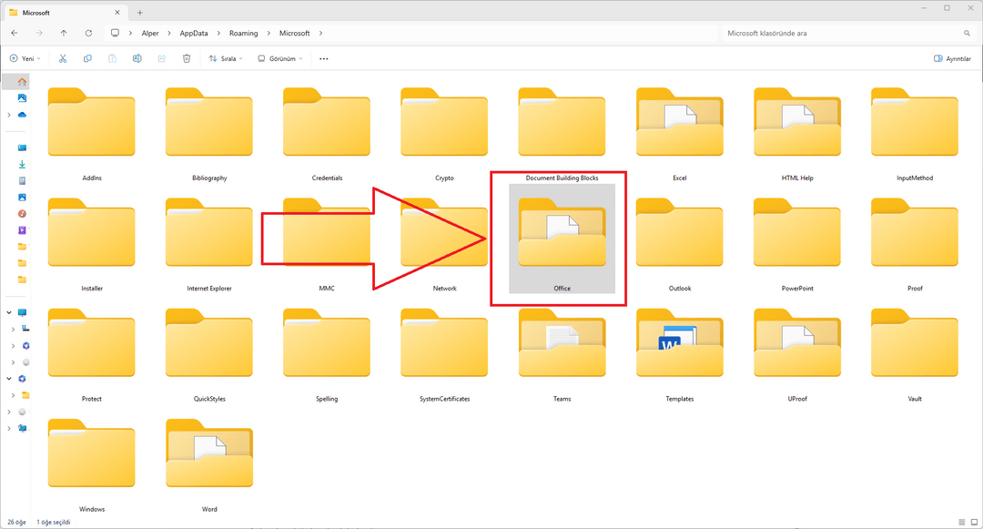 Microsoft klasörü içinde Office klasörünün bulunup silinmesi gerektiğini gösteren ekran görüntüsü