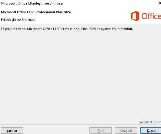 Microsoft Office 2024 etkinleştirme sihirbazı ekranı, kopya başarıyla etkinleştirildi mesajı görüntüleniyor.