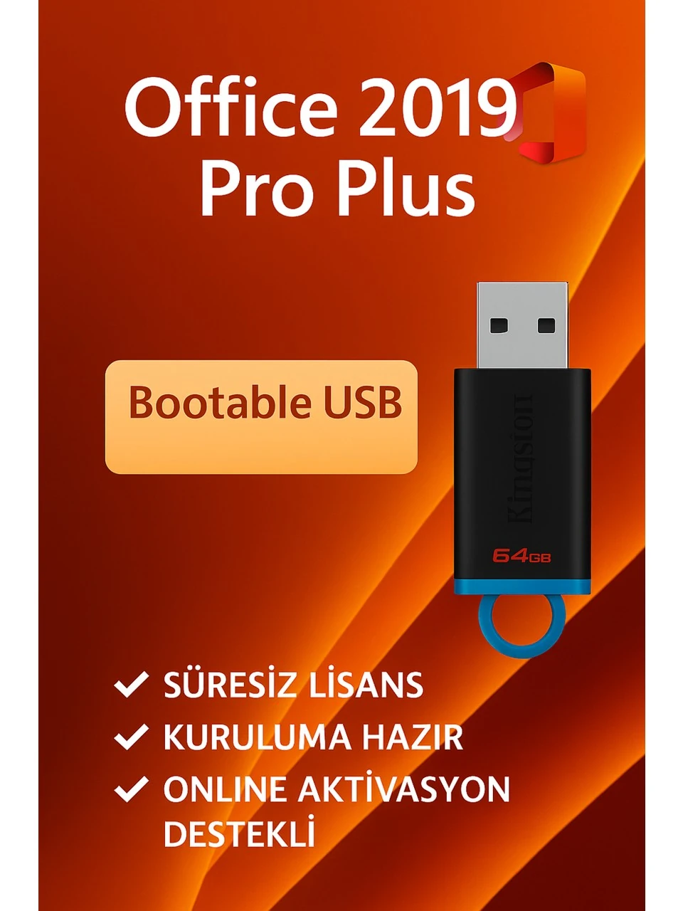 Office 2019 Pro Plus Lisans Key + 64 GB Bootable Flash Bellek – Süresiz Lisans, Hızlı Kurulum ve Online Aktivasyon - 2025